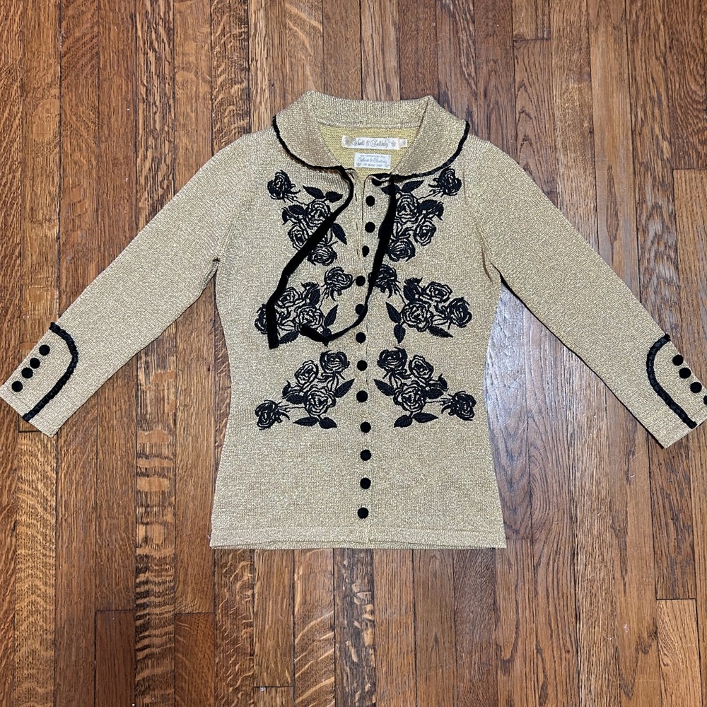 DITA VON TEESE- Wheels and Dollbaby  Gold Cardigan with Black Floral Design